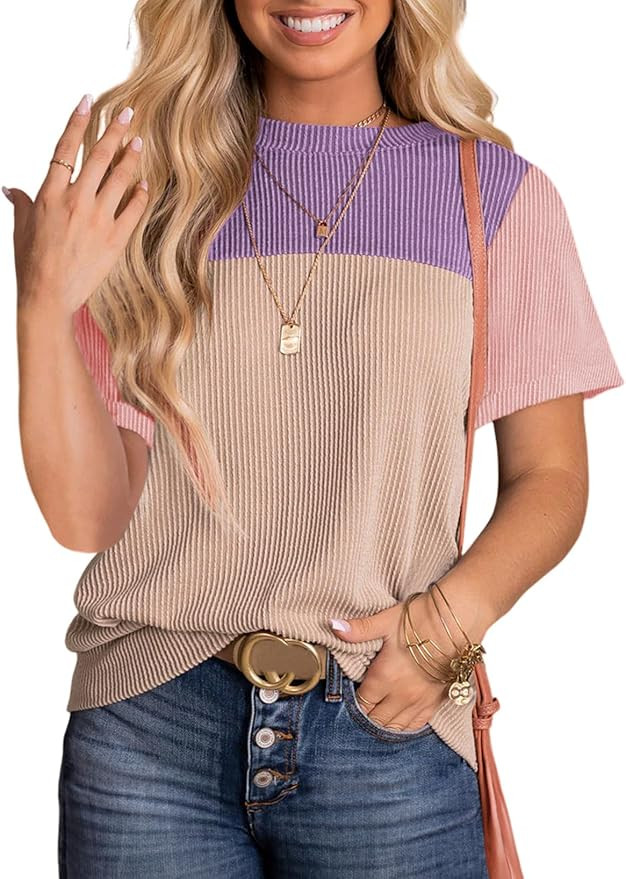 Dokotoo Womens Color Block Fashion Short Sleeve Crewneck Knitted Spring Summer Casual Loose T Shi... | Amazon (US)