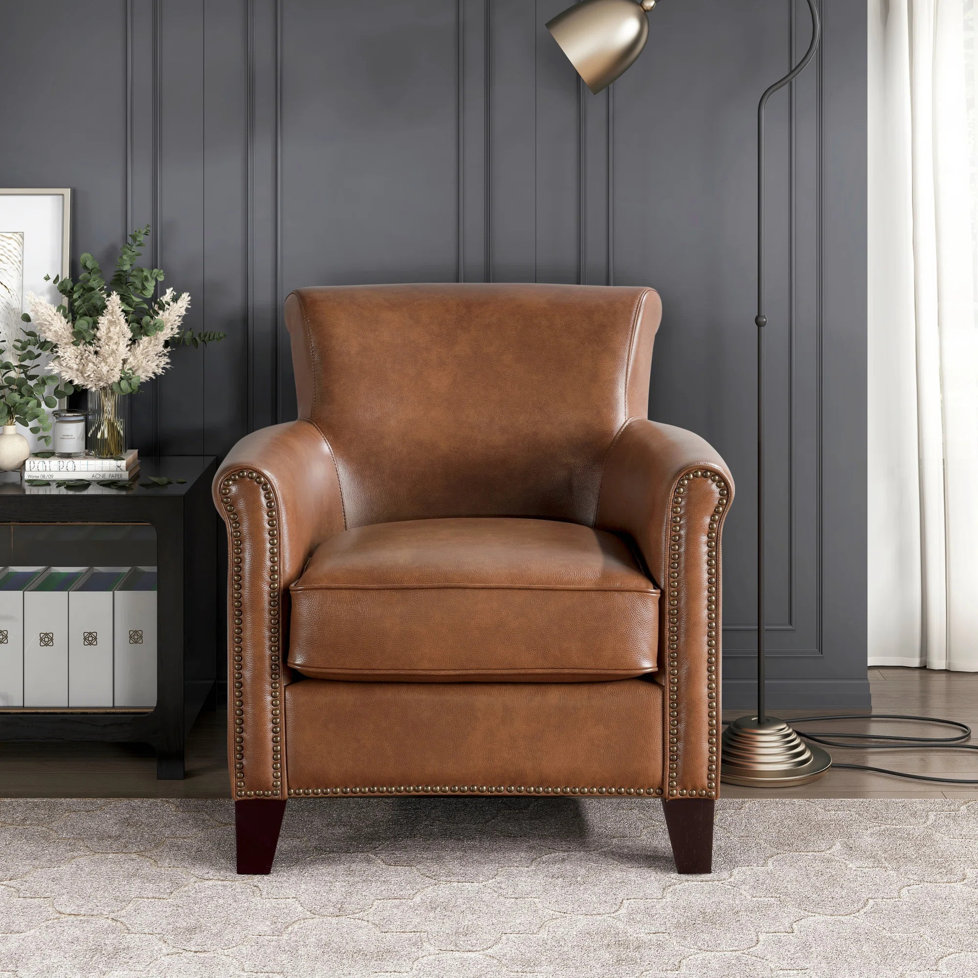 Classic Traditional Accent Chair 1Pc Solid Wood Frame Top-Grain Leather Nailhead Trim Living Room... | Wayfair North America