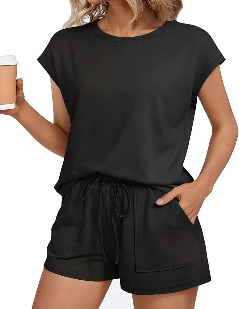 Shorts Sets Women 2 Piece Outfits Crew Neck Short Sleeve Tops+Shorts Lounge Vacation Beach Matchi... | Amazon (US)