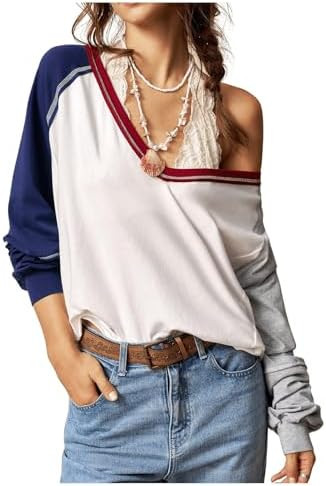 SHENHE Women's Color Block Sleeve Off Shoulder V-Neck Long Sleeve Loose Fit Sweatshirt | Amazon (US)