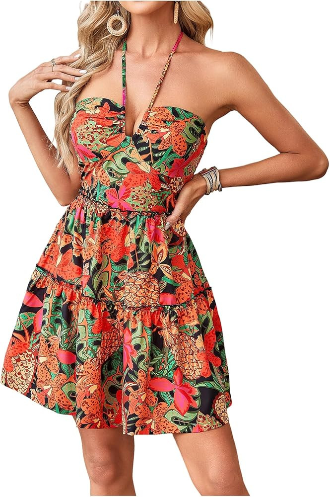 Floerns Women's Floral Sleeveless Halter Dress Milkmaid Flare Hem Boho Mini Dress | Amazon (US)