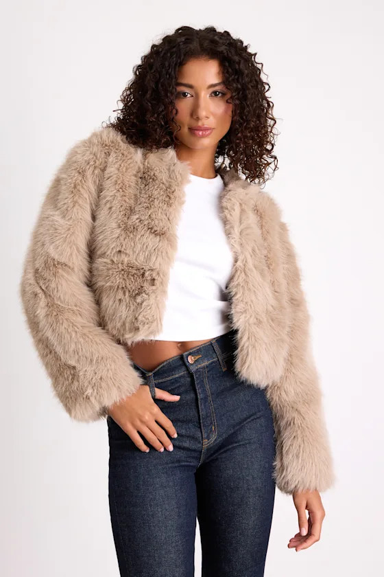 Xylona Taupe Faux Fur Cropped Jacket | Lulus