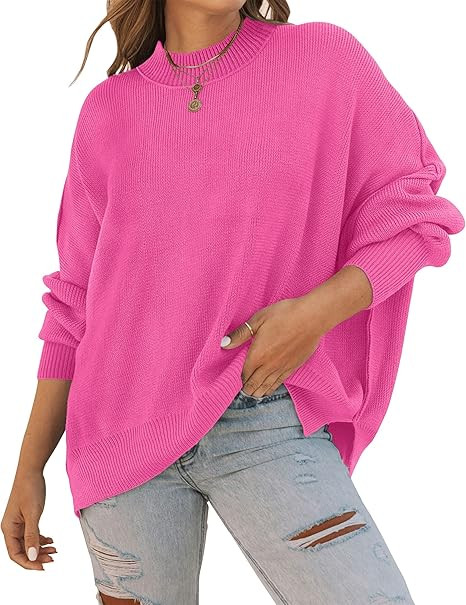 ZESICA Women's 2023 Fall Casual Long Sleeve Crew Neck Side Slit Oversized Ribbed Knit Pullover Sw... | Amazon (US)