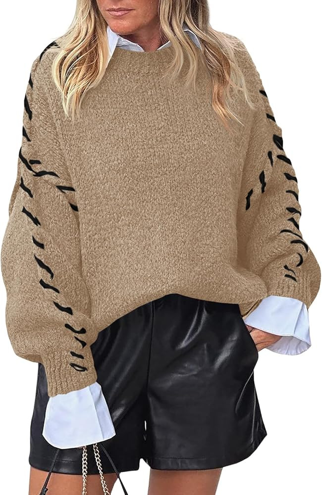 Saodimallsu Womens Oversized Sweaters Crew Neck Puff Long Sleeve Knit Fall Loose Chunky Trendy Ca... | Amazon (US)