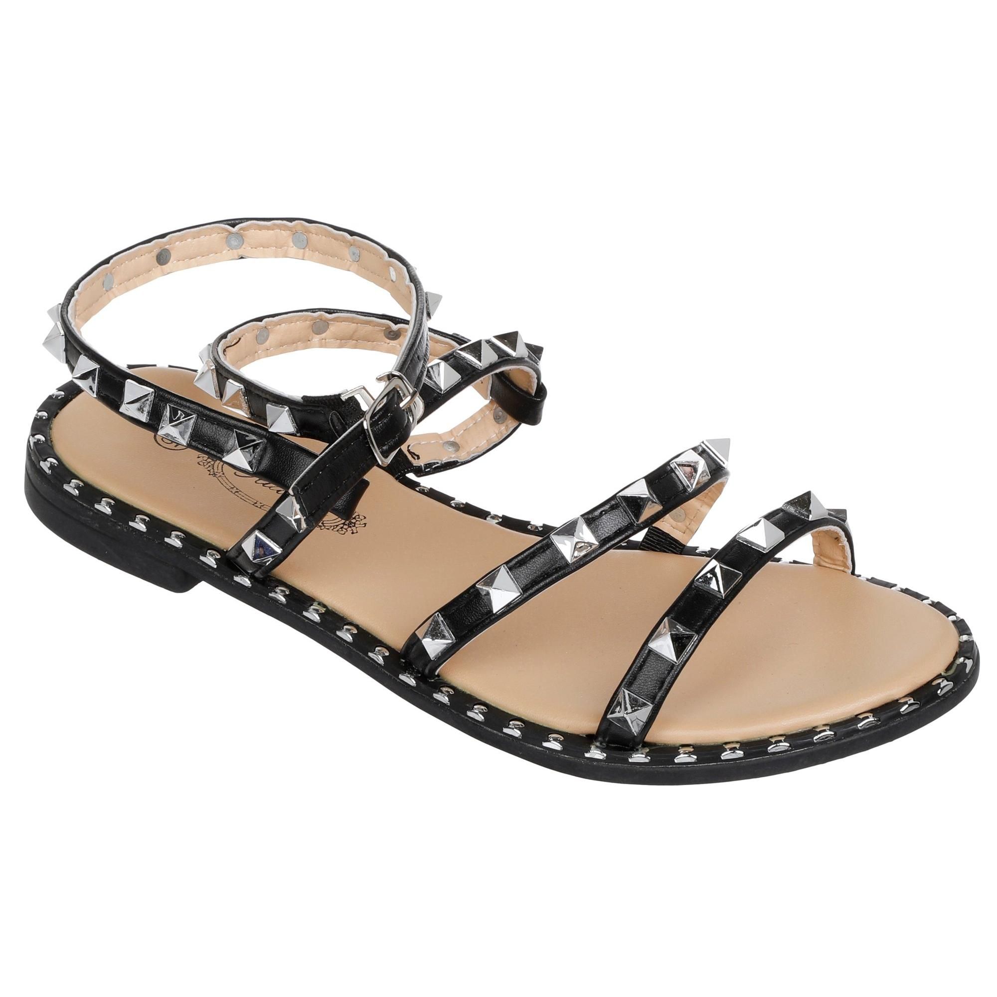 Women's Studded Gladiator Flat Sandals - Black-Black-5587659746001   | Burkes Outlet | bealls