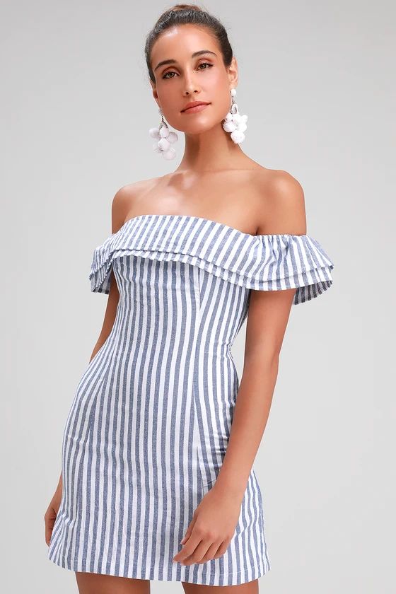 Seaside Skipper Blue Striped Off-the-Shoulder Mini Dress | Lulus (US)