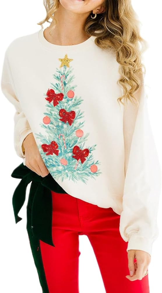 Women Sequin Christmas Sweatshirt Cute Graphic Sparkly Long Sleeve Crew Neck Pullover Y2k Oversiz... | Amazon (US)