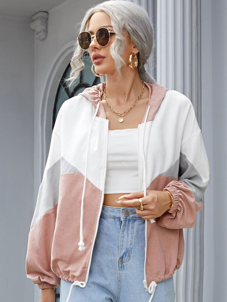 SHEIN Colorblock Drawstring Hem Hooded Zipper Jacket | SHEIN