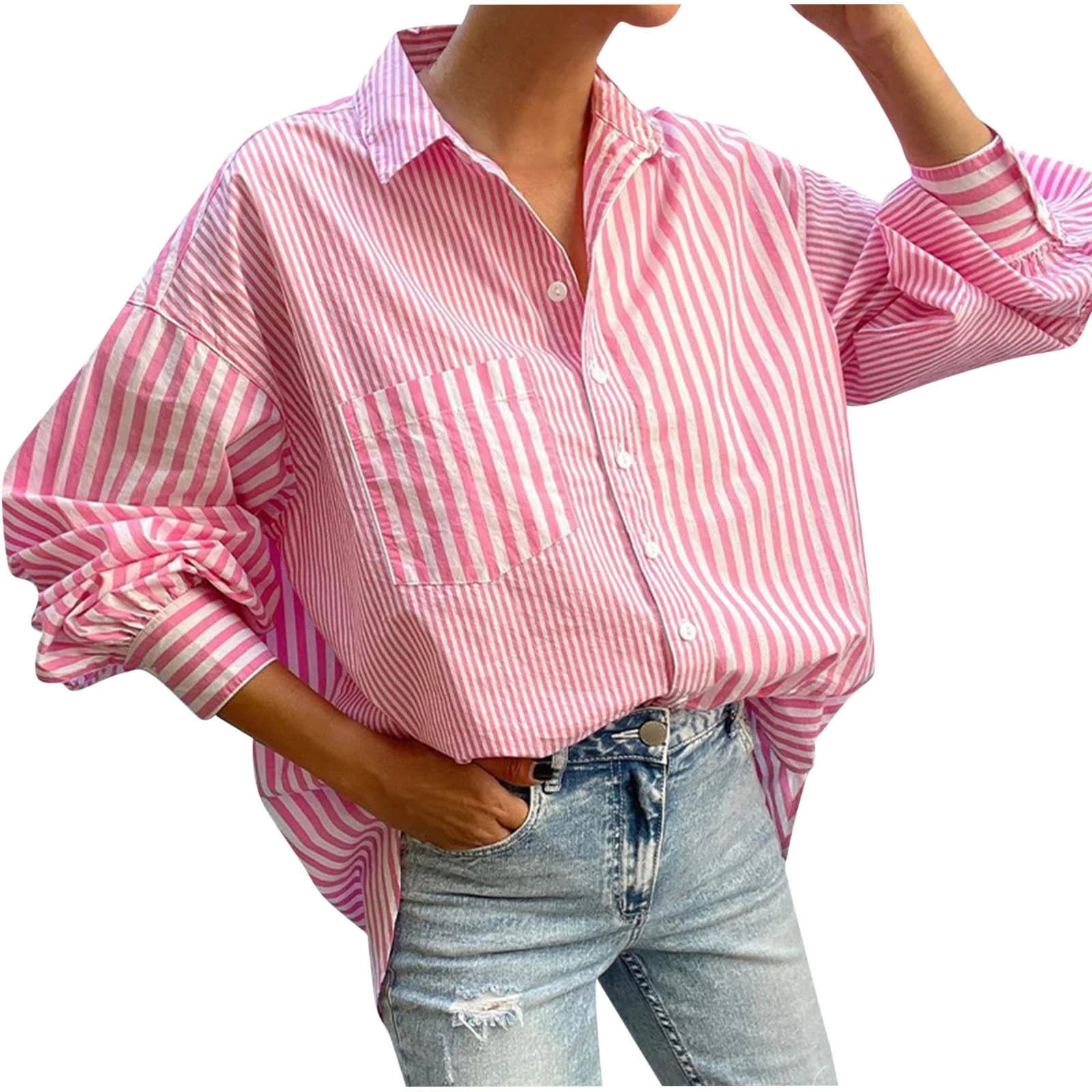 hotojiny Women's Tops Striped Button Down Shirts Casual Long Sleeve Stylish V Neck Blouses with P... | Walmart (US)