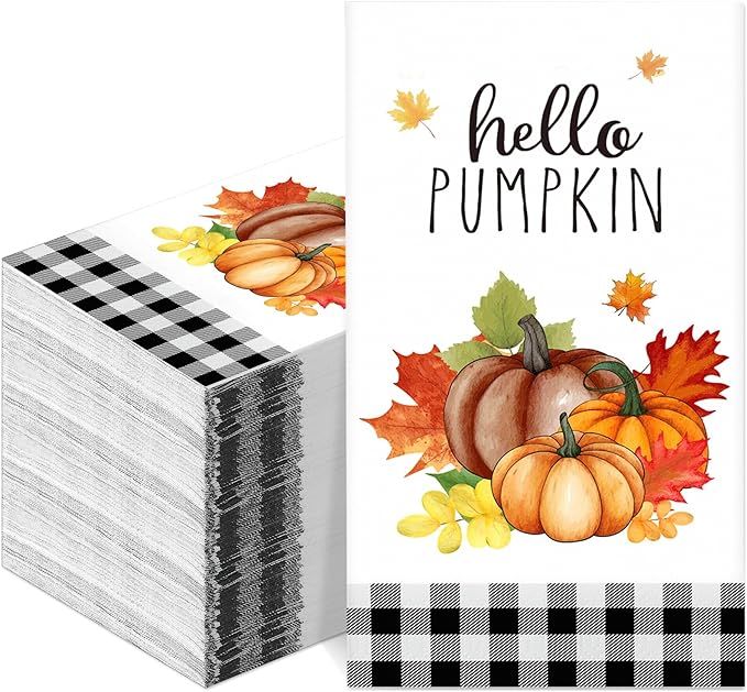Cholemy 100 Pieces Fall Pumpkin Napkins 3 Ply Disposable Thanksgiving Paper Guest Towels Hello Pu... | Amazon (US)