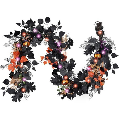 DecorbyHannah Halloween Garland for Mantle with Lights, 6ft Spooky Pre-Lit Light Up Black Maple Leaf Jack-o'-Lantern Pumpkins Garland Decorations for Mantle Fireplace Table Home Indoor Outdoor | Amazon (US)