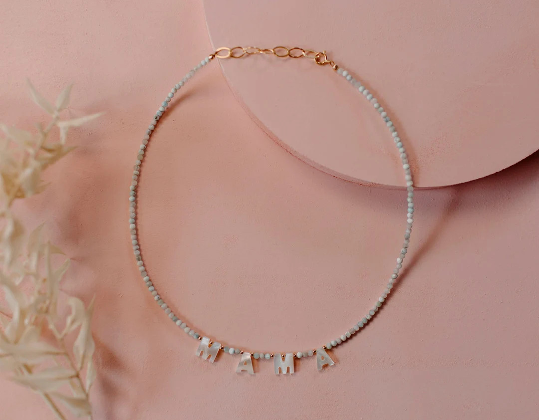 Light Blue Larimar Gemstone Necklace with Pearl Letters | Letter Necklace | Name Necklace | Custo... | Etsy (US)