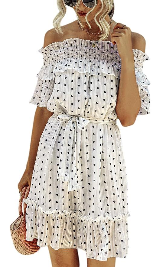 ECOWISH Womens Dress Ruffle Off Shoulder Polka Dot Print Short Sleeve Flounce Casual Summer Flare... | Amazon (US)