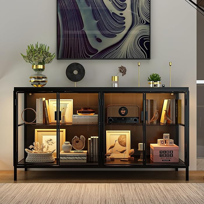 Homsee Modern Display Cabinet Storage Cabinet Sideboard Buffet Glass Metal Black for Living Room ... | Amazon (US)
