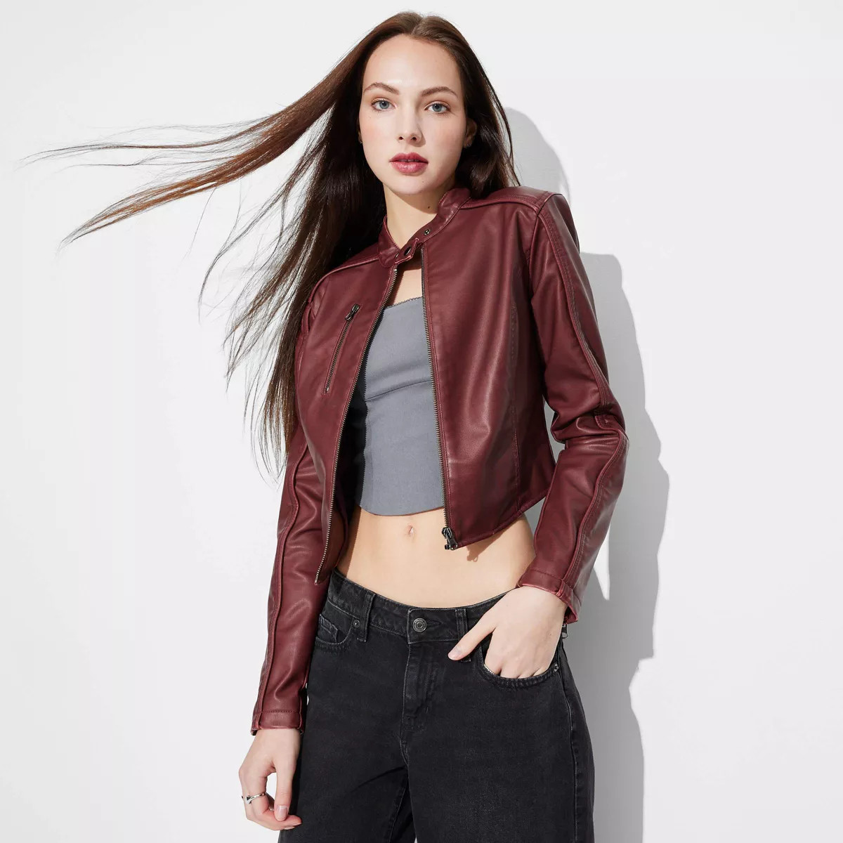 Women's Faux Leather Fitted Moto Jacket - Wild Fable™ Red M | Target