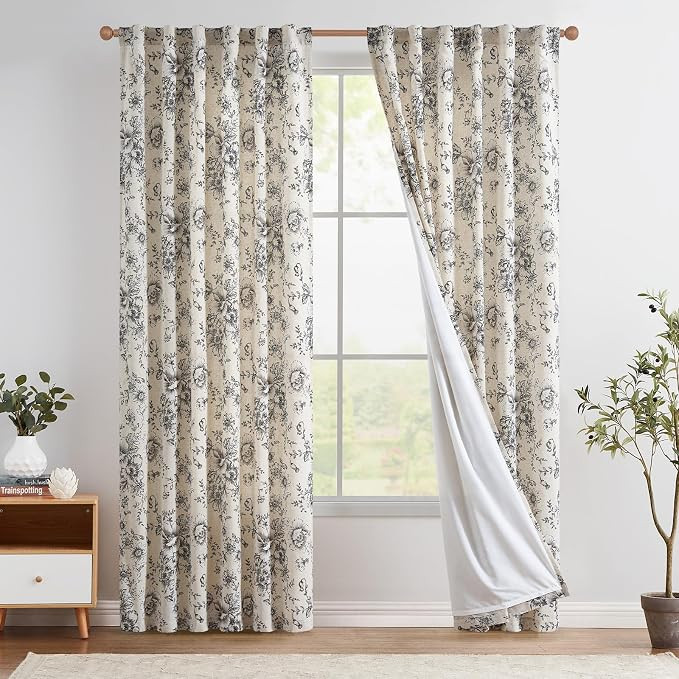 jinchan Lined Linen Blend Curtain Floral Curtains for Living Room 84 Inches Long Black Peony Flow... | Amazon (US)