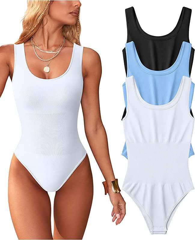 OQQ Women's 3 Piece Bodysuits Sexy Sleeveless Round Neck Shapewear Tank Tops Bodysuits | Amazon (US)