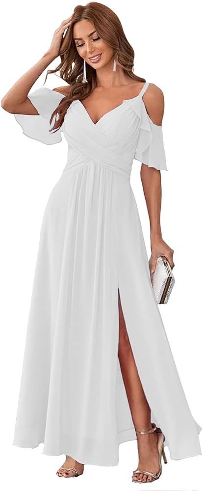 Stylefun Women's Cold Shoulder Chiffon Bridesmaids Dresses with Slit Long Formal Party Dress for Jun | Amazon (US)