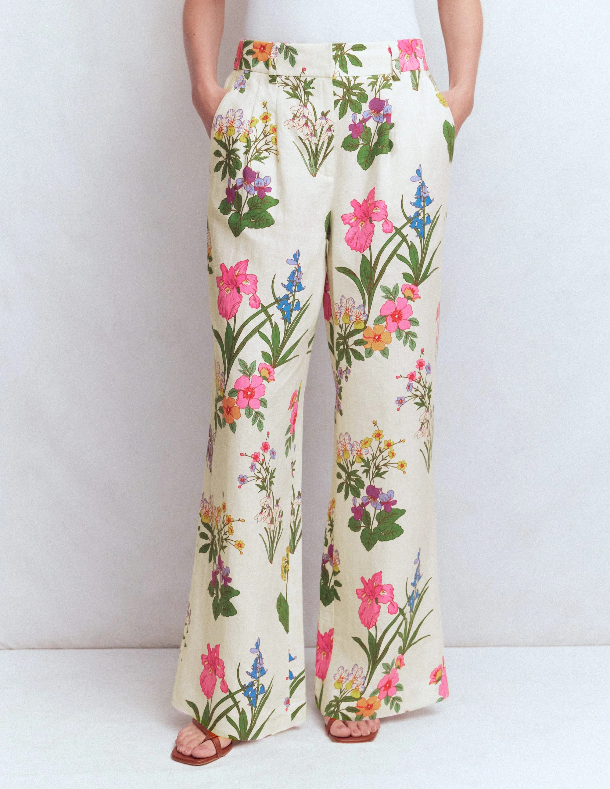 Kensington Linen Trousers-White, Decorative Blossom | Boden UK