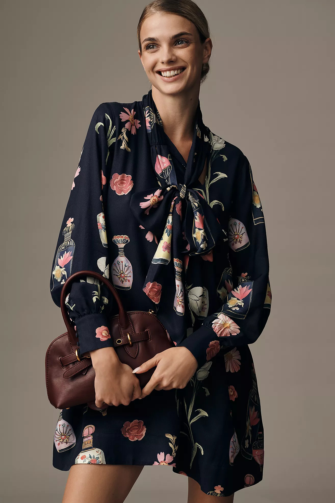 The Caroline Long-Sleeve Tie-Neck Mini Dress by Maeve | Anthropologie (US)