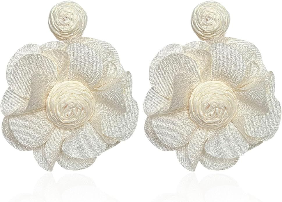 Rattan Earrings Summer Boho Handwoven Big Fabric Chiffon Rattan Flower Drop Earrings Statement Tr... | Amazon (US)