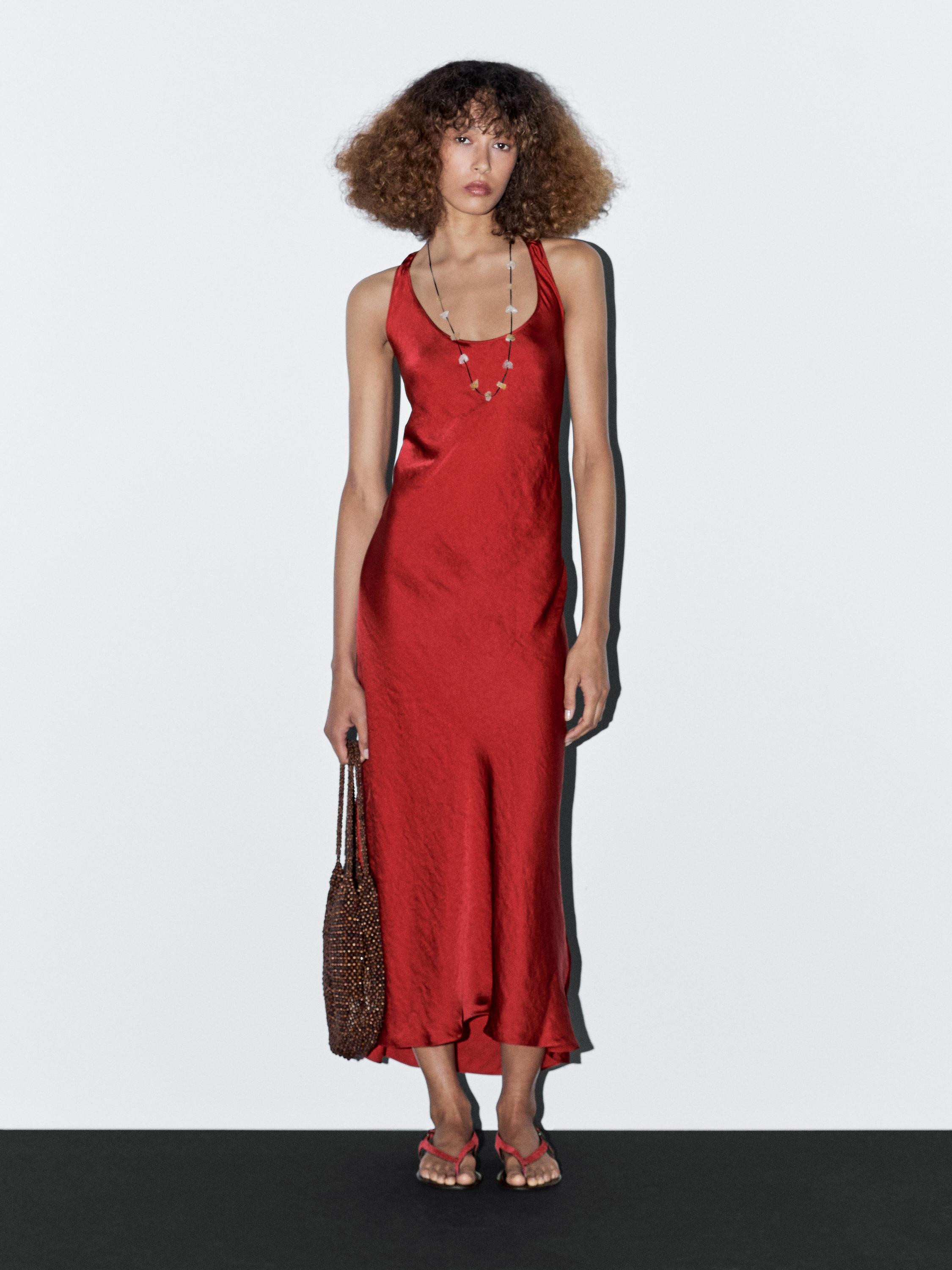 Long satin dress with round neckline | Massimo Dutti UK