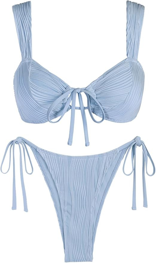 ZAFUL Women's Cinched Bikini Solid Color Wave Textured Knotted Tied Side Two Piece Swimsuit Bathi... | Amazon (US)