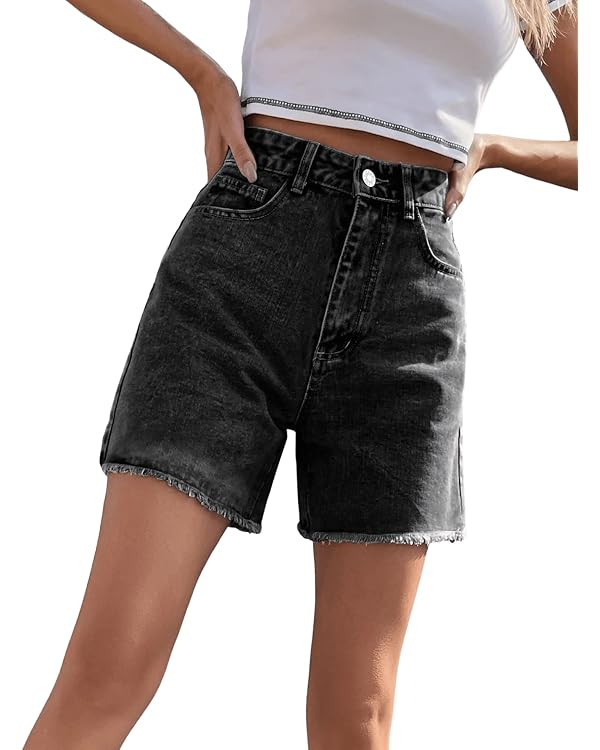 SweatyRocks Women's High Waist Denim Shorts Straight Leg Raw Hem Jean Shorts Summer Hot Pants wit... | Amazon (US)