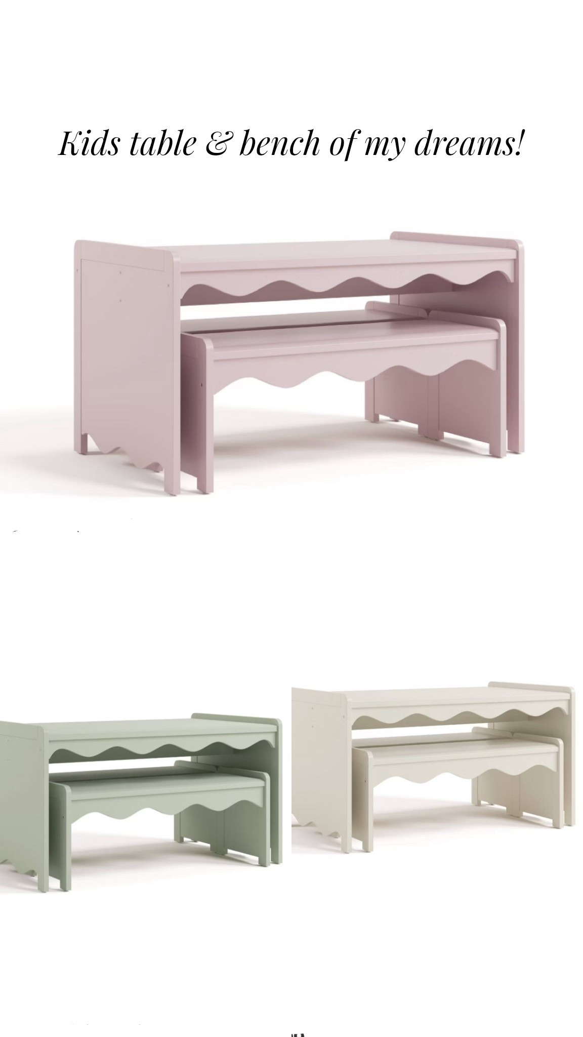 Cutest kids table and bench I’ve ever seen! Those scallops! The colors! The price!!!! 
#kidstable 
#playroomdecor

#LTKKids #LTKFamily #LTKHome