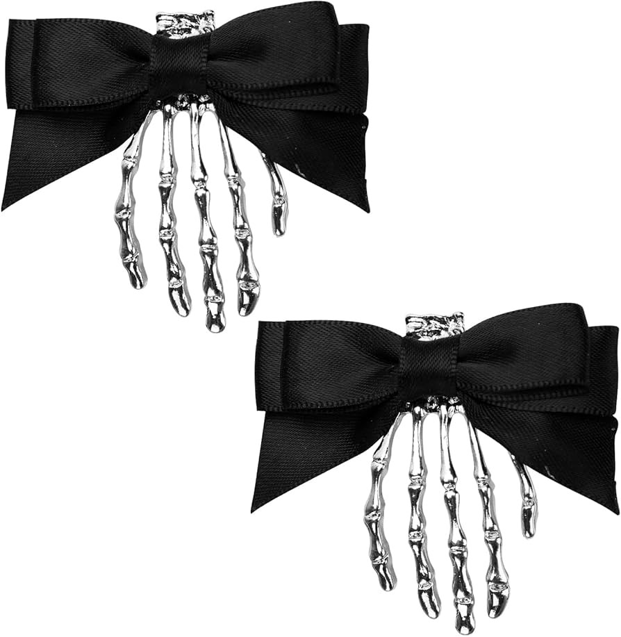 2pcs Skull Hand Hair Clips with Bowknot, Silver Black Halloween Hair Clips Skeleton Hand Barrette... | Amazon (US)