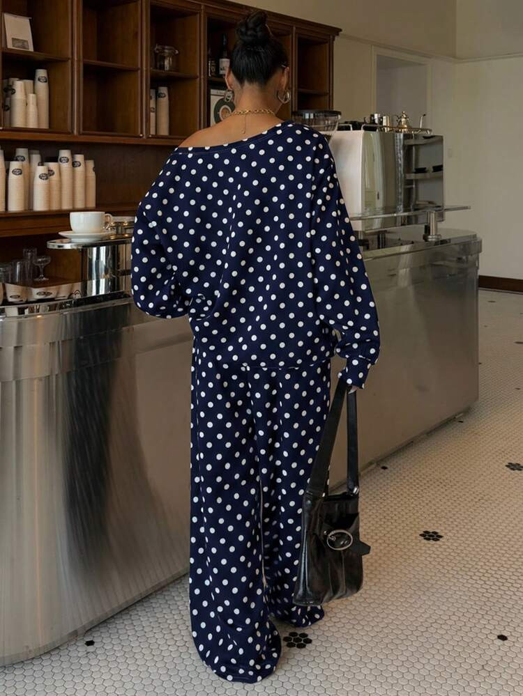 Muchica Women's Polka Dot Oblique Shoulder Loose Sweatshirt And Sweatpants Set, Autumn/Winter | SHEIN