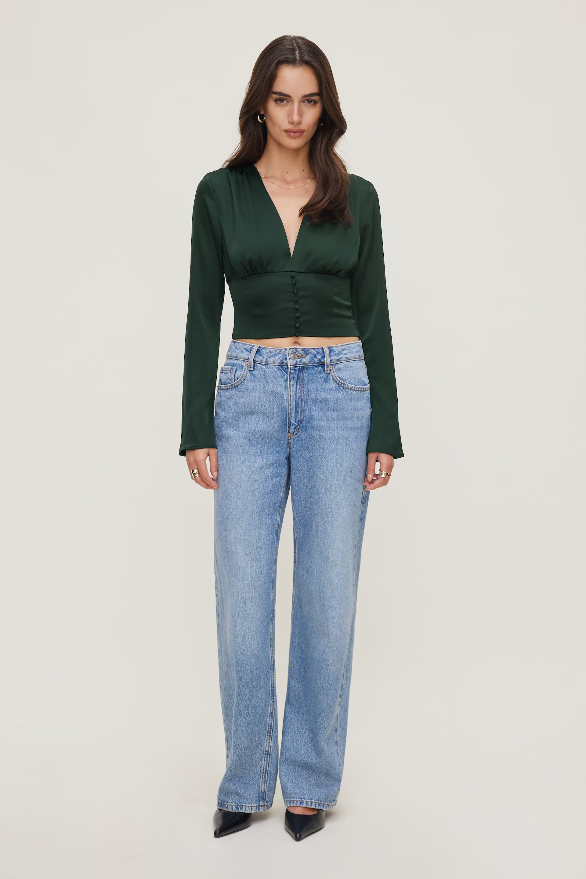 Draped V Neck Satin Blouse | Dynamite Clothing