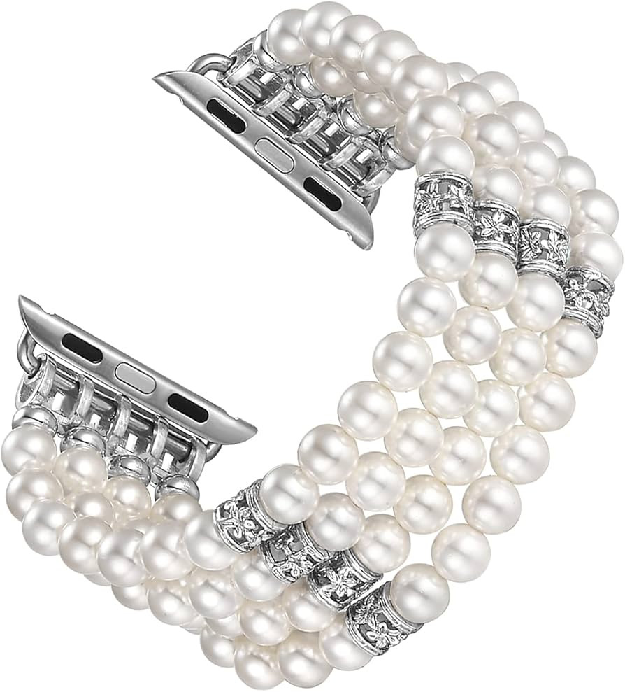 fastgo Compatible With Pearl Apple Watch Bands 38mm 40mm 41mm Women, Fancy Elastic Beaded Pearl R... | Amazon (US)