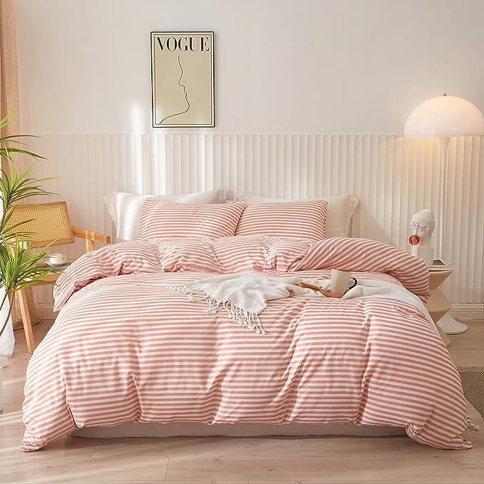 EAVD Duvet Cover Queen Size Pink Striped Duvet Cover Soft Microfiber Classic Pink and White Strip... | Amazon (US)