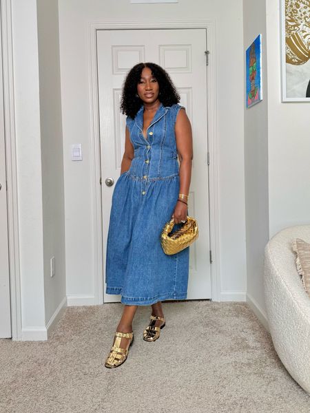 A denim dress and sandals, sign me up! Obsessed with this gold fisherman sandal and will be in them all summer long. 
They fit true to size!


#LTKShoeCrush #LTKStyleTip #LTKFindsUnder100