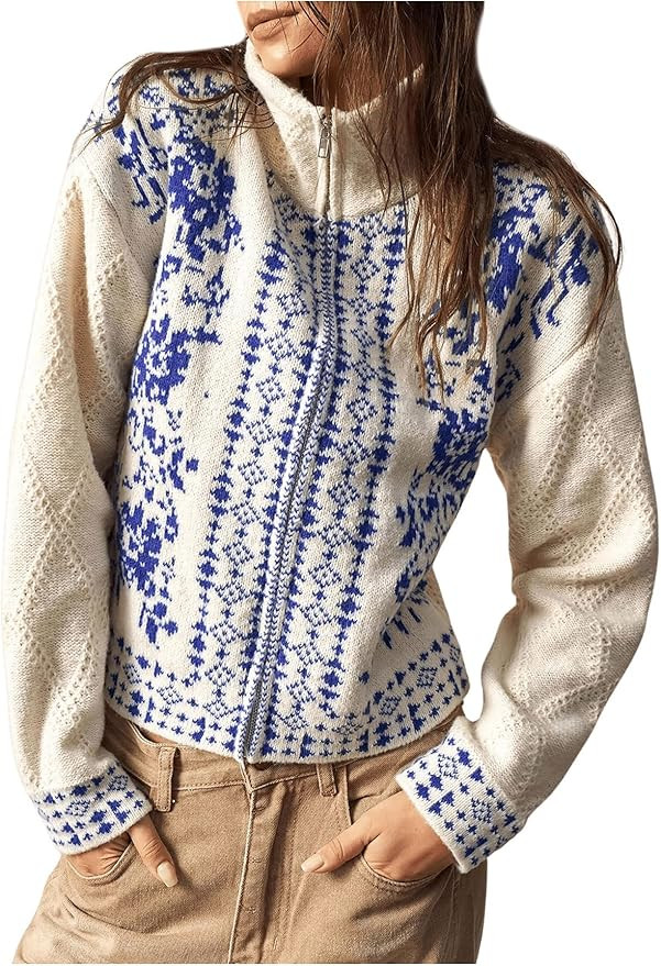 Milumia Women's Zip Cardigan Sweaters Boho Floral Printed Long Sleeve Knitwear Outerwear | Amazon (US)