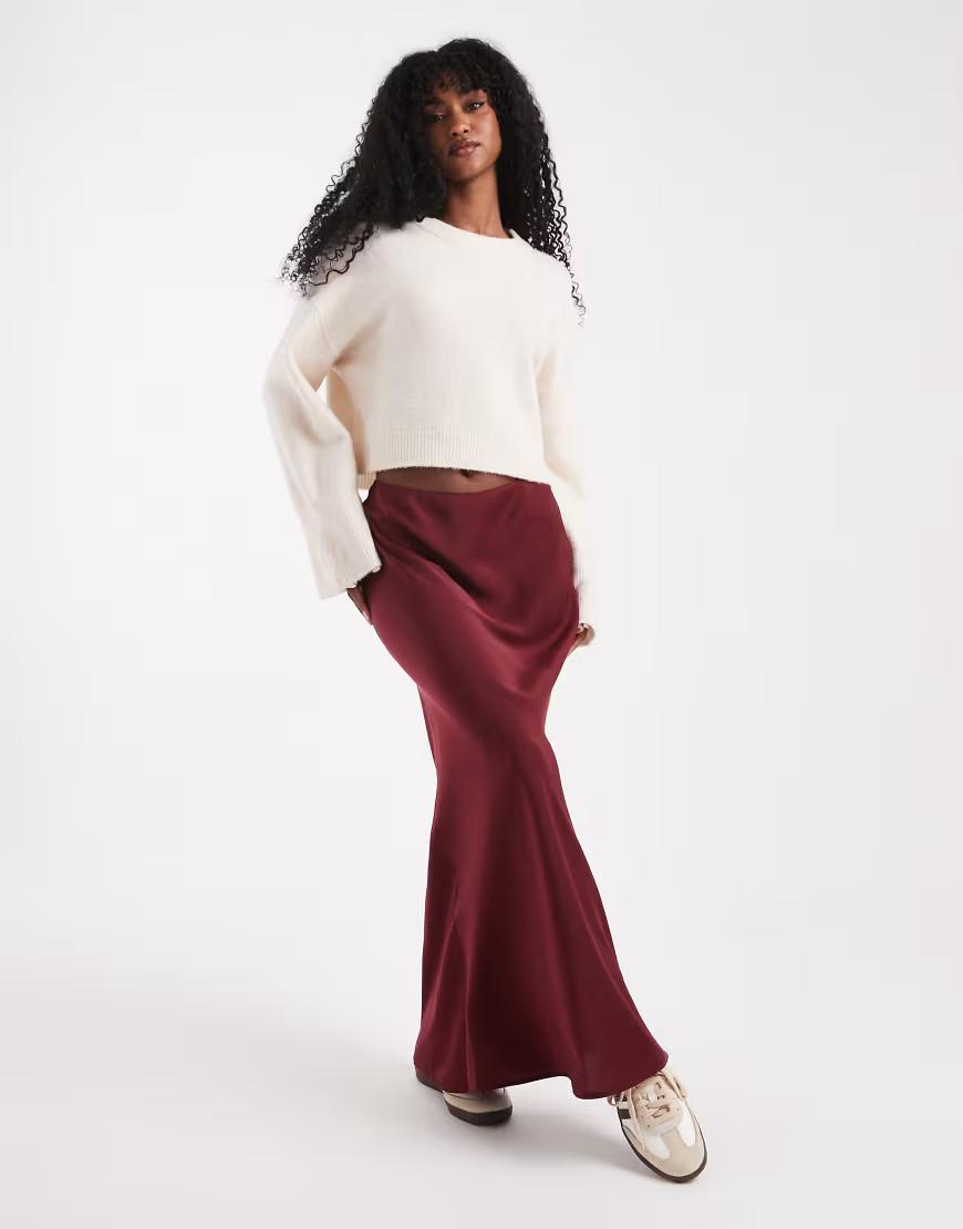 ASOS DESIGN satin bias maxi skirt in burgundy-Red | ASOS (Global)