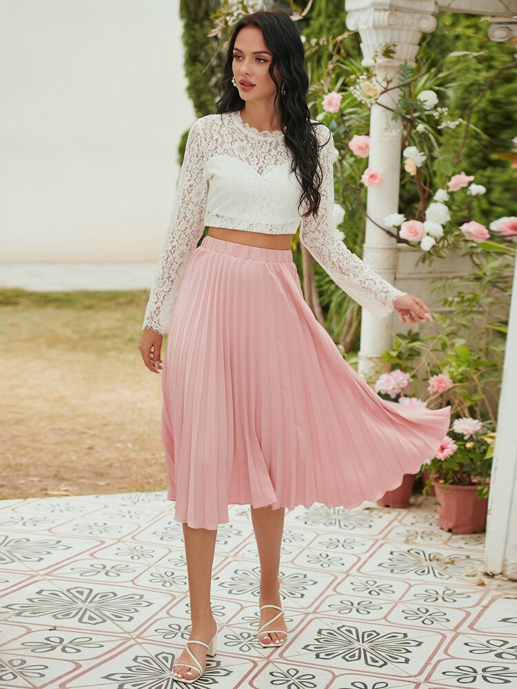 Solid Elastic Waist Pleated Skirt | SHEIN