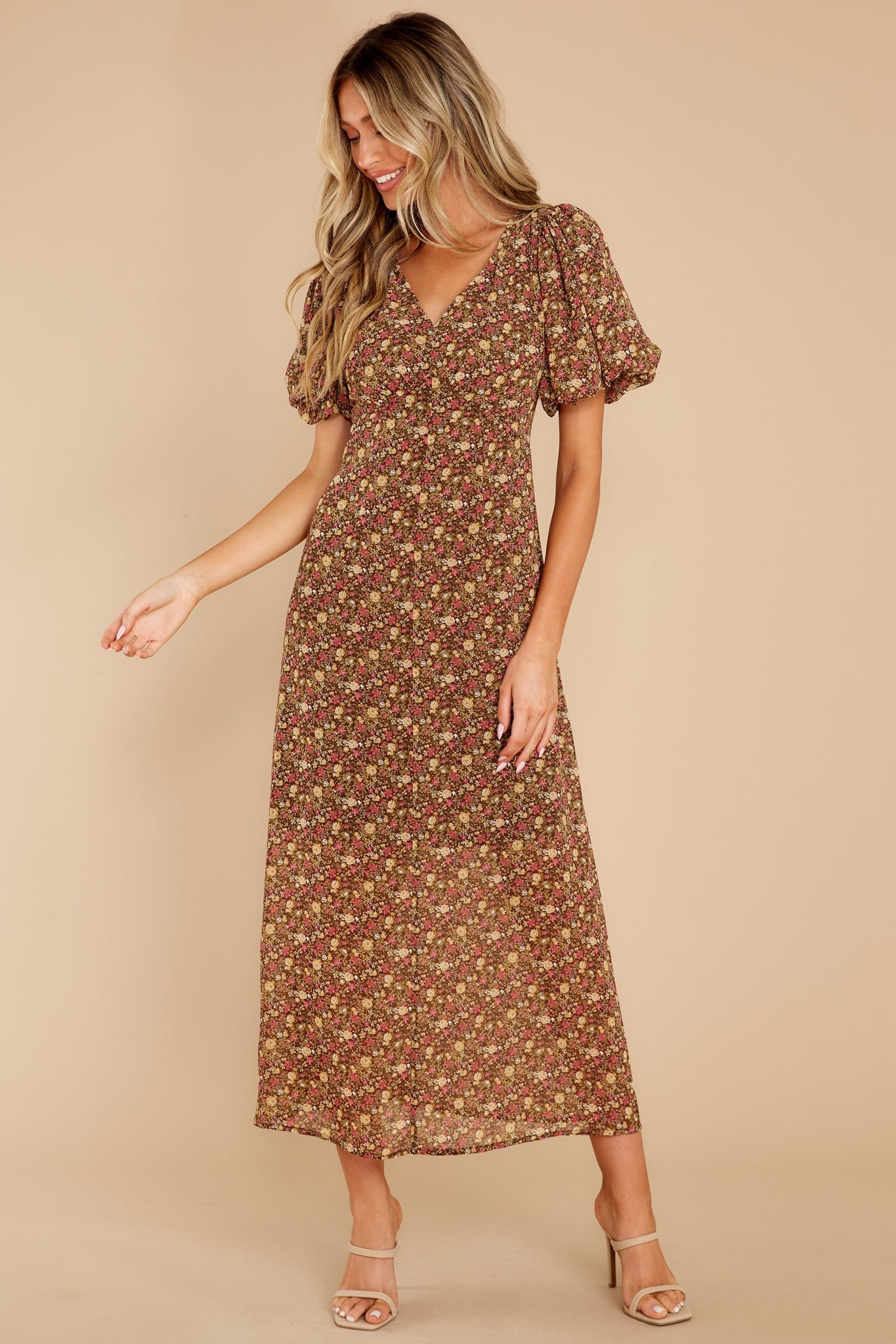 New Season Brown Floral Print Maxi Dress | Red Dress 