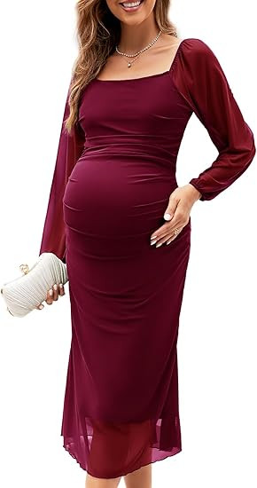 Mesh Ruched Maternity Dress Baby Shower Wedding Guest Pregnancy Shoot Fall Long Short Sleeves Squ... | Amazon (US)