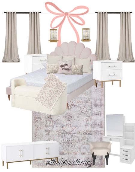 Neutral blush bedroom vibes  

Primary bedroom, pink bed, pink rug, white and gold nightstands, white vanity, curtains, sconce lights 

#LTKhome #LTKFind
