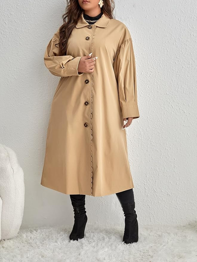 ABZEKH Women for Jackets - Plus Drop Shoulder Scallop Lace Trim Trench Coat (Color : Khaki, Size ... | Amazon (US)