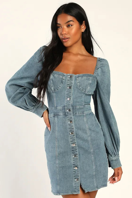 Trending Sweet Blue Denim Balloon Sleeve Mini Dress With Pockets | Lulus (US)