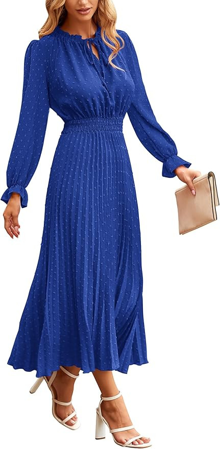 PRETTYGARDEN Women's 2025 Spring Fall Midi Dress Casual Long Sleeve V Neck Swiss Dot Pleated A Li... | Amazon (US)