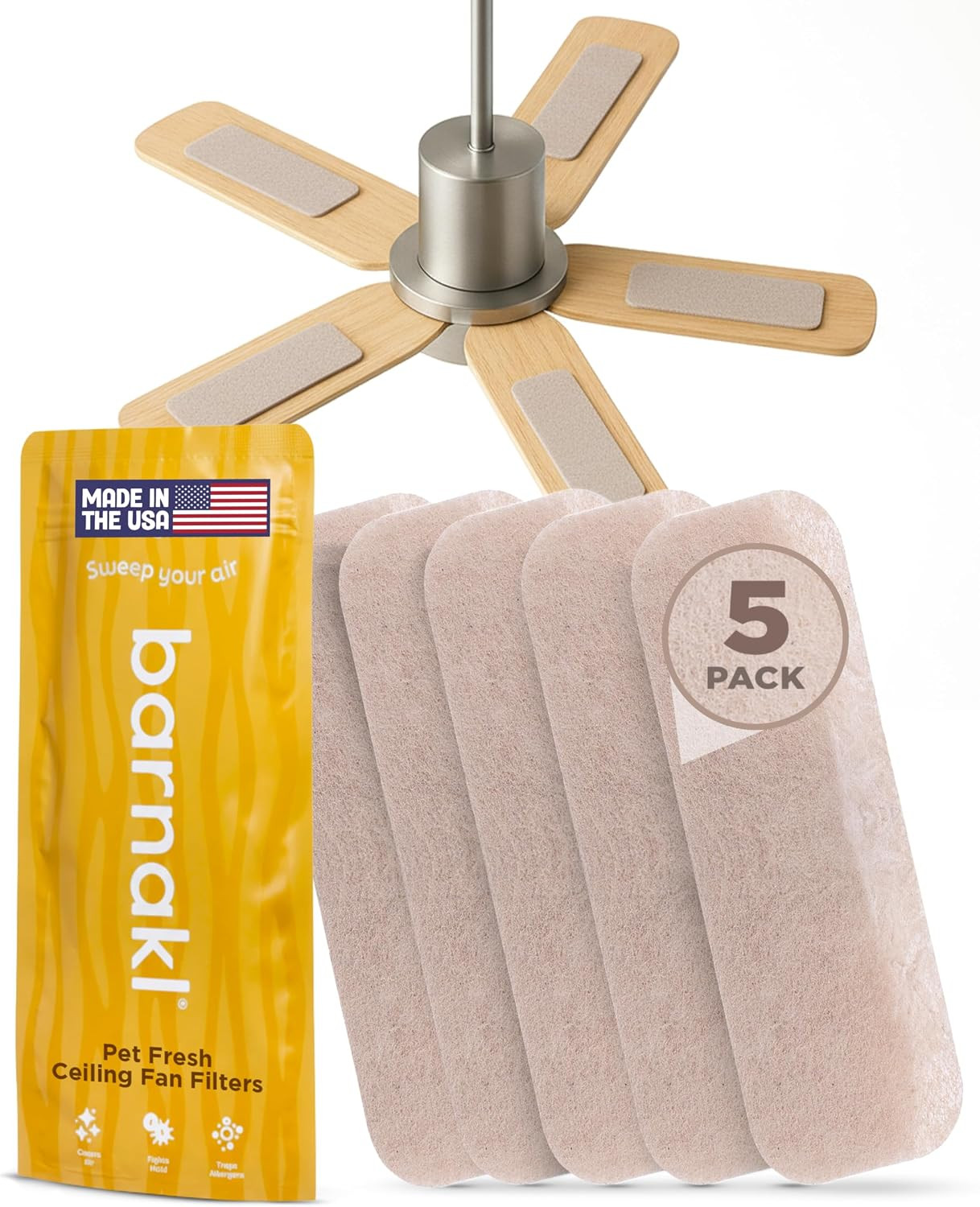 Barnakl Pet Fresh Ceiling Fan Filters | Made with Zeolite to Trap Pet Odors, Dander & Dust | Unscented Fan Blade Filter, Fits All Ceiling Fans (5-Pack) | Amazon (US)