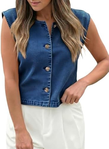 Tankaneo Womens Cropped Cap Sleeve Denim Vest Summer Button Down Jean Tank Tops Trendy Casual Wai... | Amazon (US)