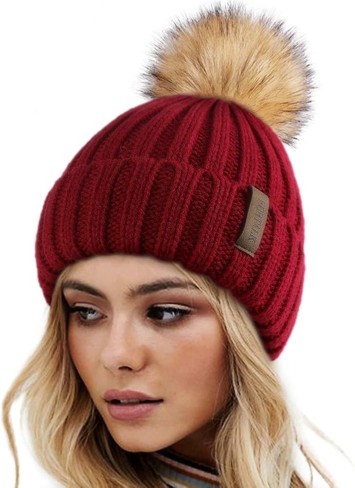 Womens Winter Knitted Beanie Hat with Faux Fur Pom Warm Knit Skull Cap Beanie for Women | Amazon (US)