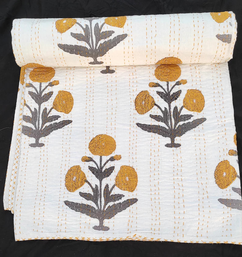 Yellow Floral Kantha Quilt Kantha Quilt Mustard Kantha Yellow - Etsy | Etsy (US)