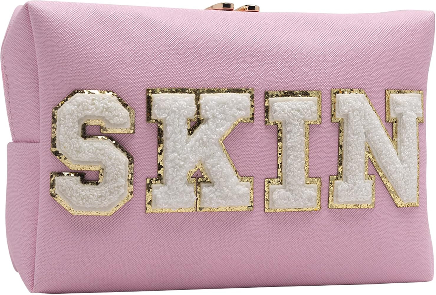 COSHAYSOO Preppy Patch Makeup Bag Chenille Letter SKIN Cosmetic Pouch, Waterproof Zipper Skincare To | Amazon (US)