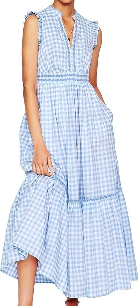 HOULENGS Women's Summer Casual Sleeveless Gingham Maxi Dress 2026 V Neck Ruffle Flowy A Line Tier... | Amazon (US)